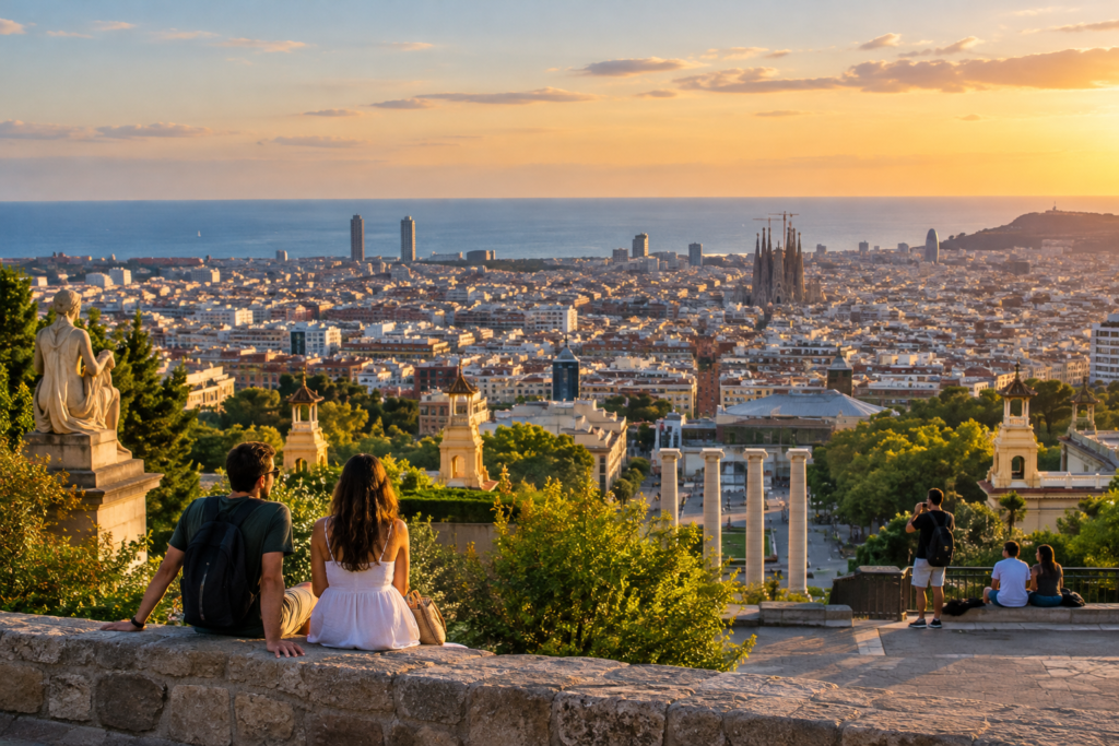 3 days in Barcelona itinerary view from Montjuïc across Barcelona toward the Mediterranean and Sagrada Família.